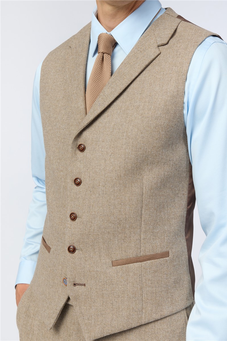  Slim Fit Camel Herringbone Tweed Suit