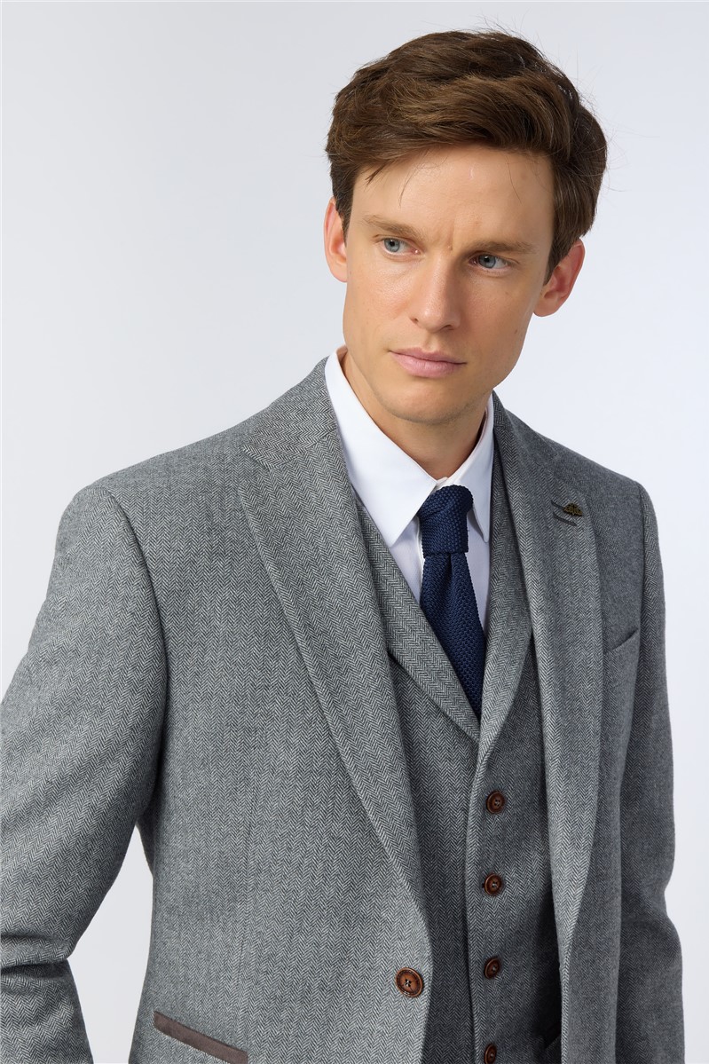  Slim Fit Grey Herringbone Tweed Suit