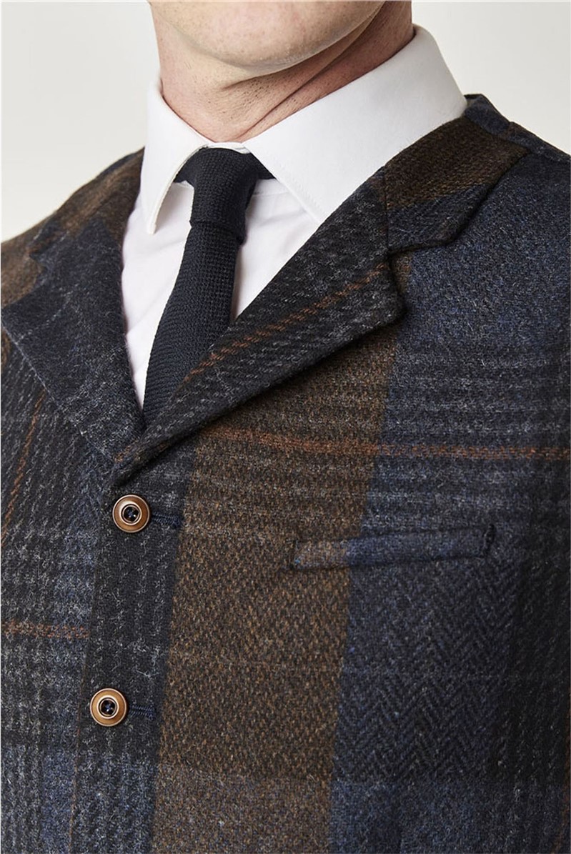 Gibson London | Blue Brown Checked Waistcoat | SuitDirect.co.uk