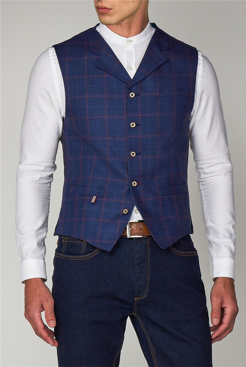 Gibson London Blue Linen Check Waistcoat