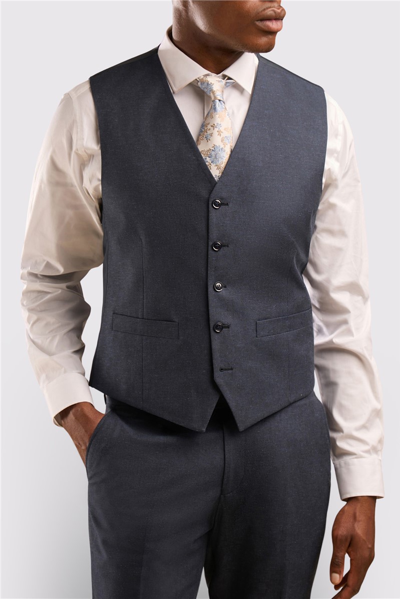  Tailored Fit Navy Linen Blend Waistcoat
