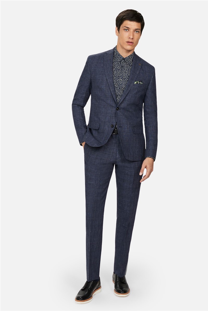  Slim Fit Linen Navy Check Suit Jacket