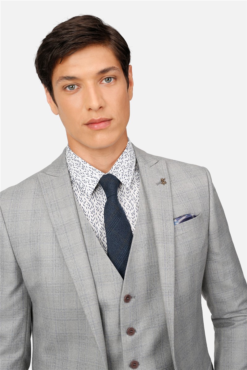  Light Grey Blue Check Slim Fit Waistcoat