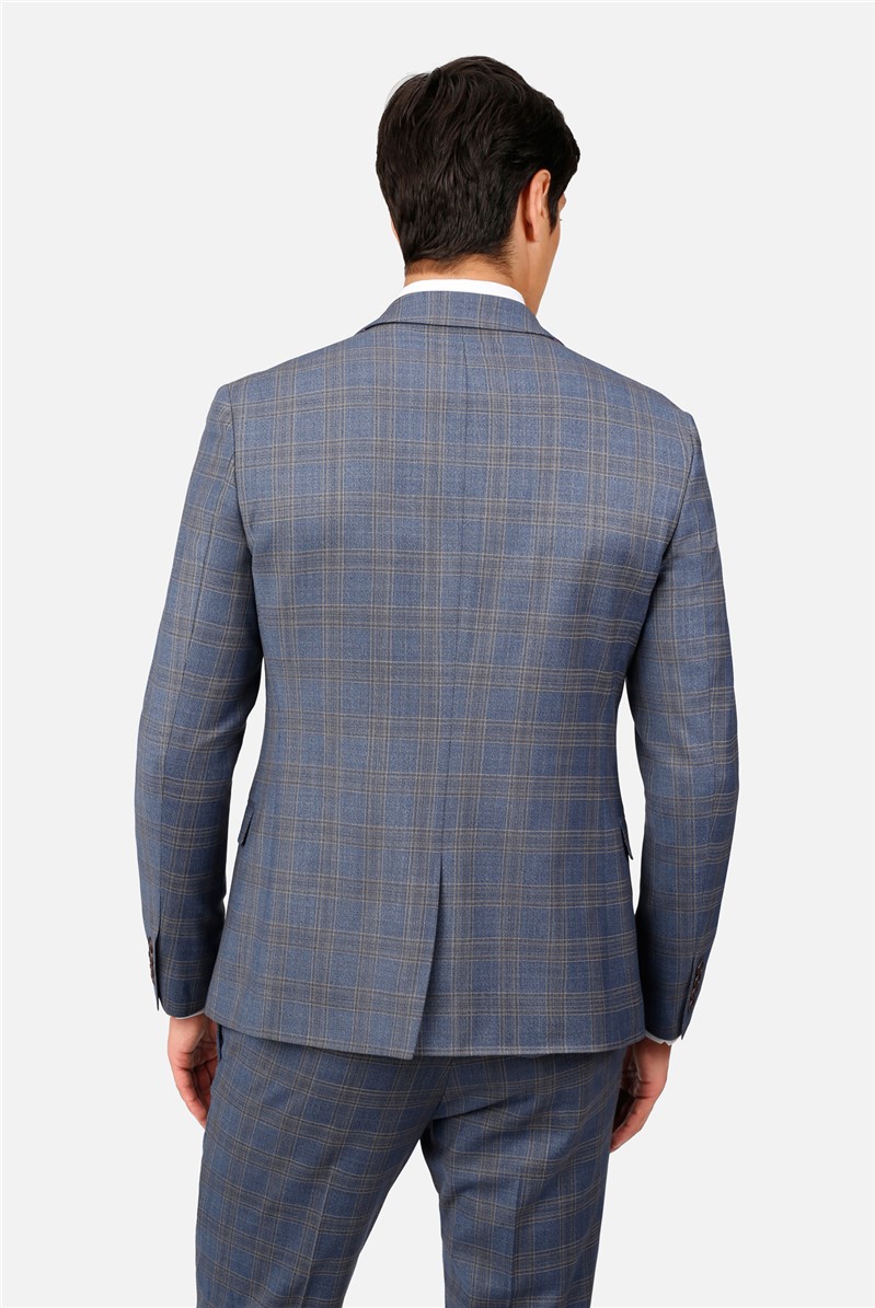  Skinny Fit Light Blue & Tan Check Suit Jacket