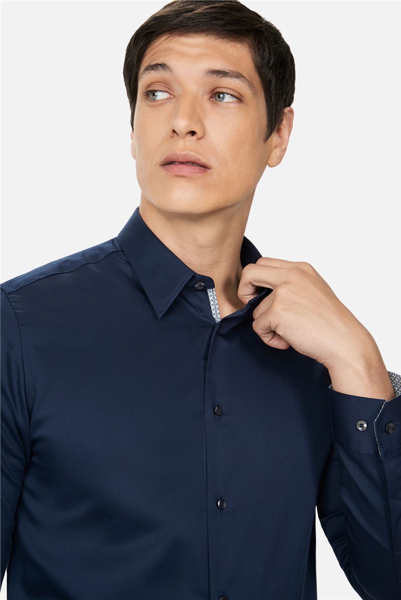  Navy Sateen Slim Fit Shirt