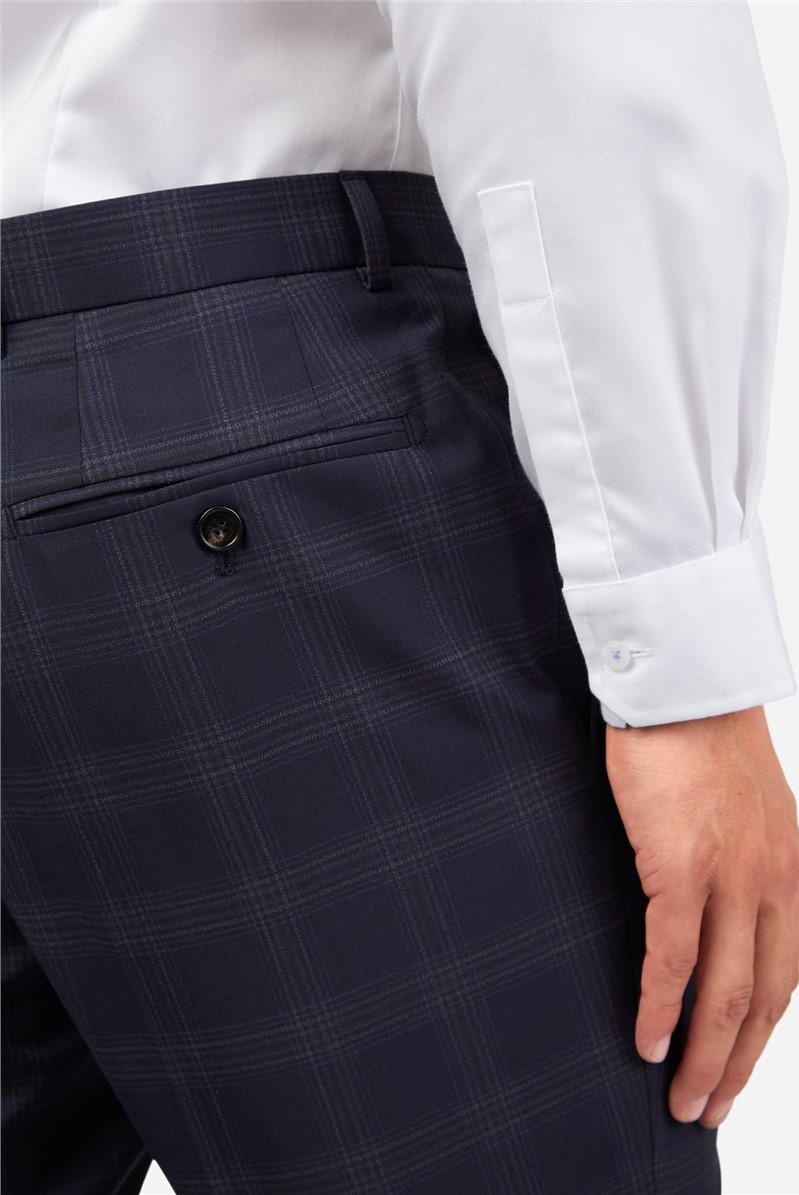  Slim Fit Navy Rust Check Trousers