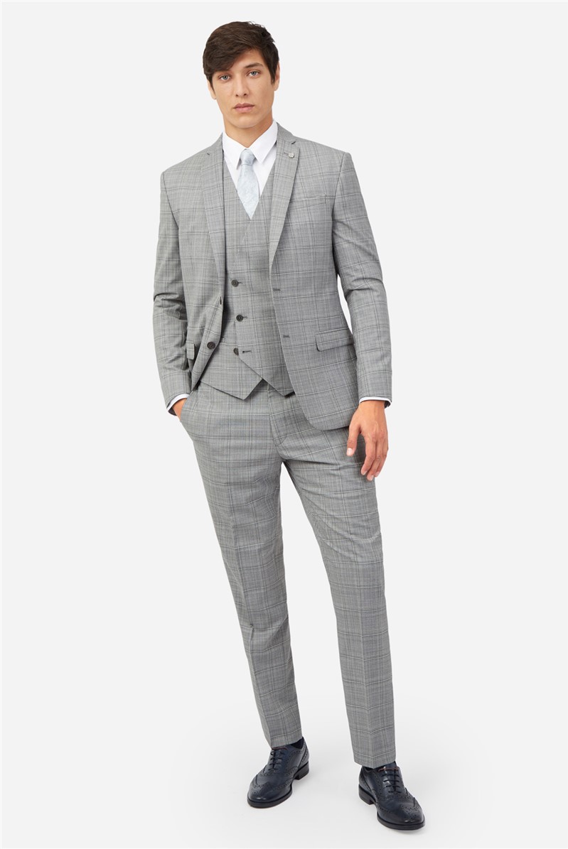  Slim Fit Light Grey Tonal Checked Suit Jacket