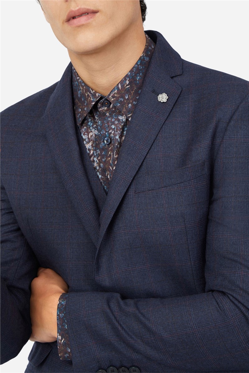  Slim Fit Navy Berry Checked Suit Jacket