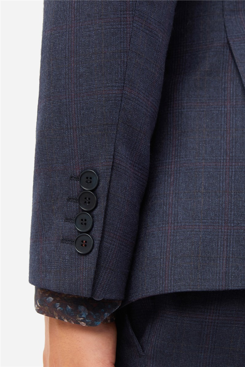  Slim Fit Navy Berry Checked Waistcoat