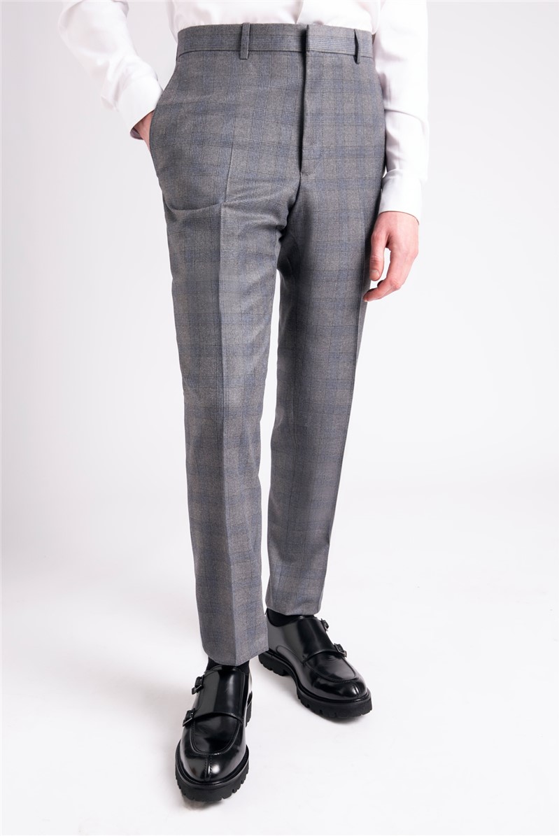  Regular Fit Grey With Light Blue Check Trousers