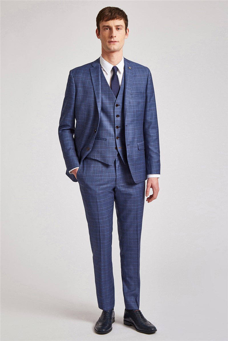  Slim Fit Mid Blue Apricot Overcheck Waistcoat