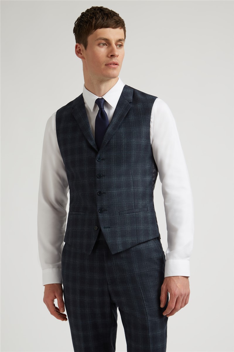 Ted Baker Navy Teal Check Slim Fit Waistcoat