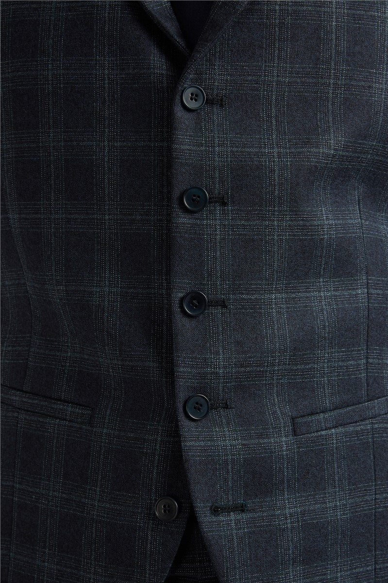  Navy Teal Check Slim Fit Waistcoat