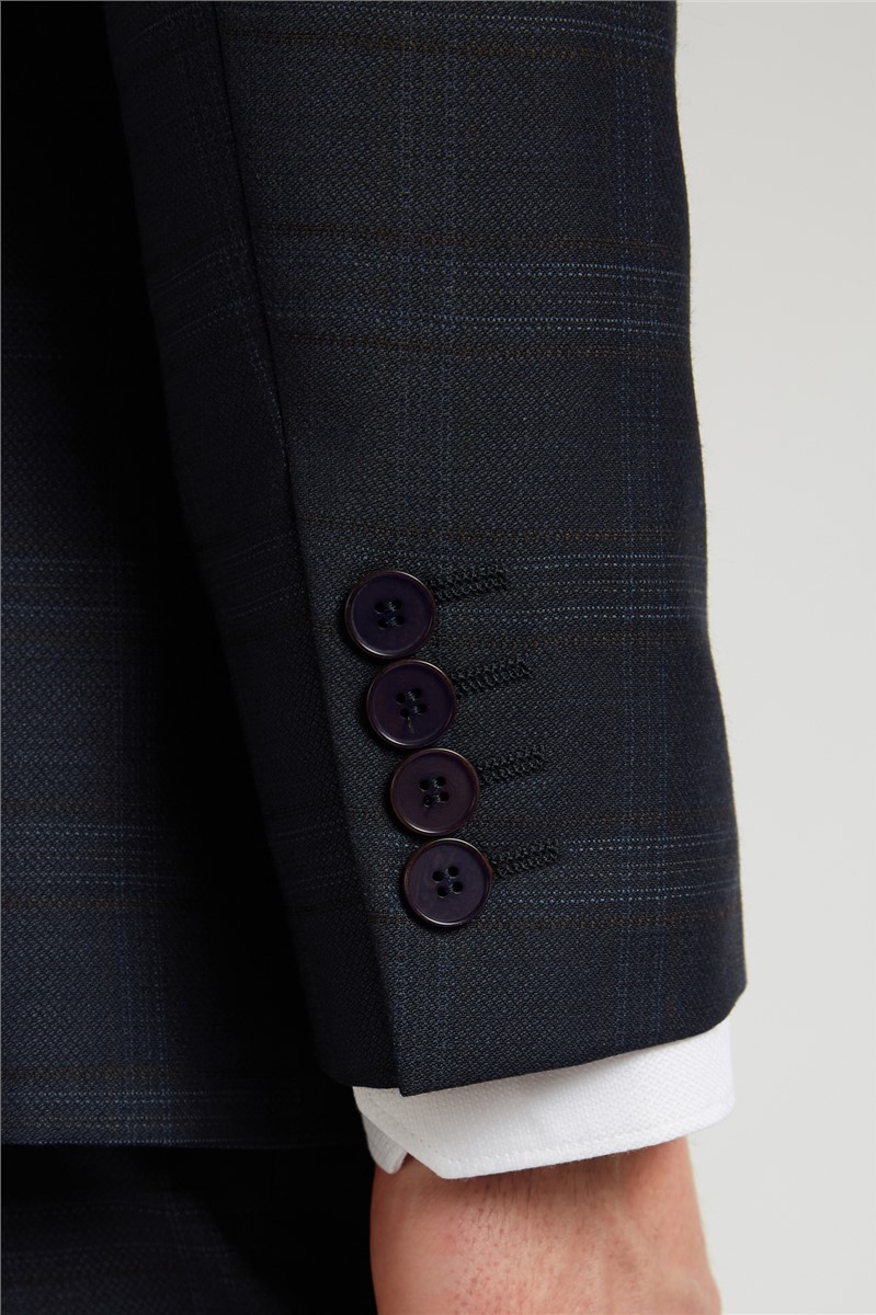  Navy Textured Rust Check Slim Fit Suit