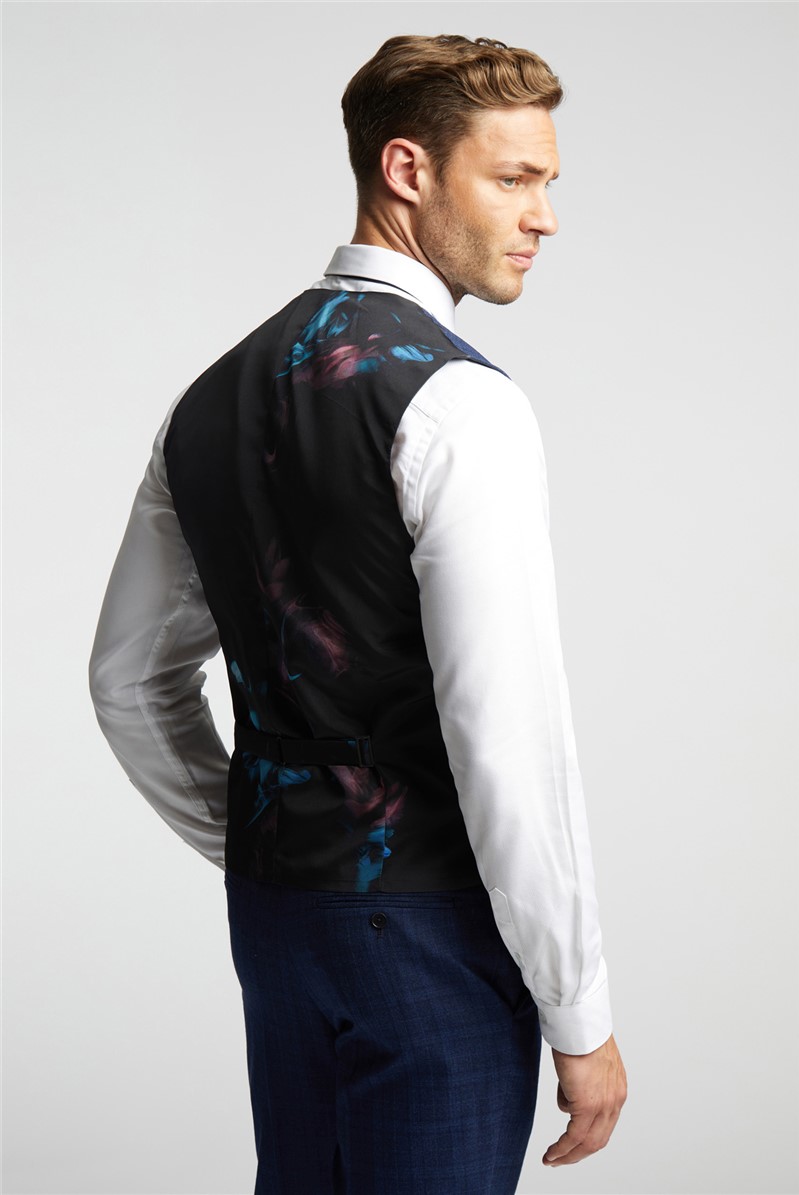  Slim Fit Navy Soft Check Waistcoat