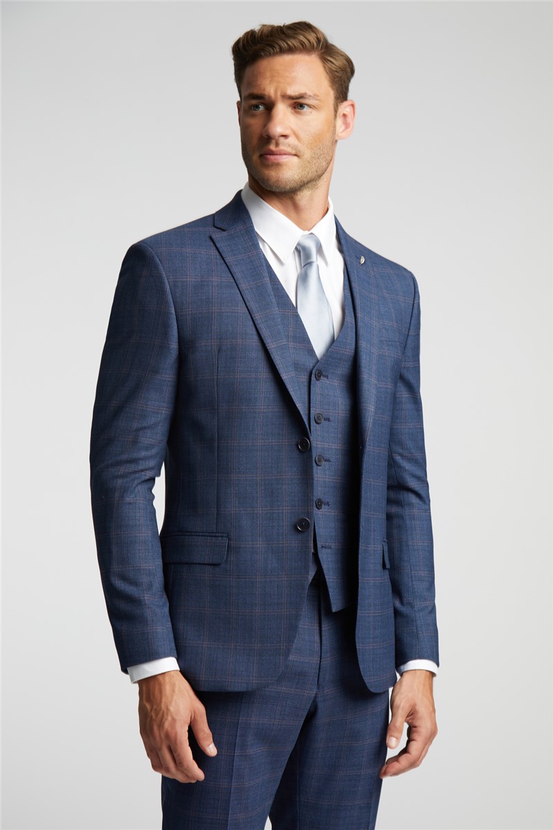  Slim Fit Blue and Mauve Check Waistcoat