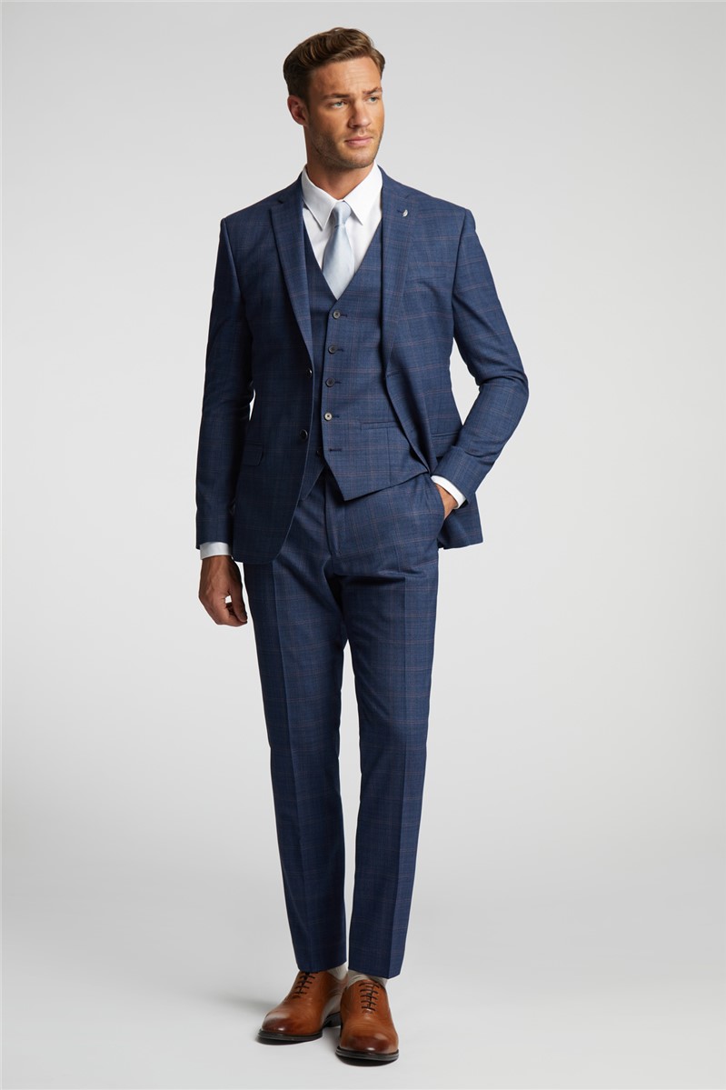  Slim Fit Blue and Mauve Check Waistcoat