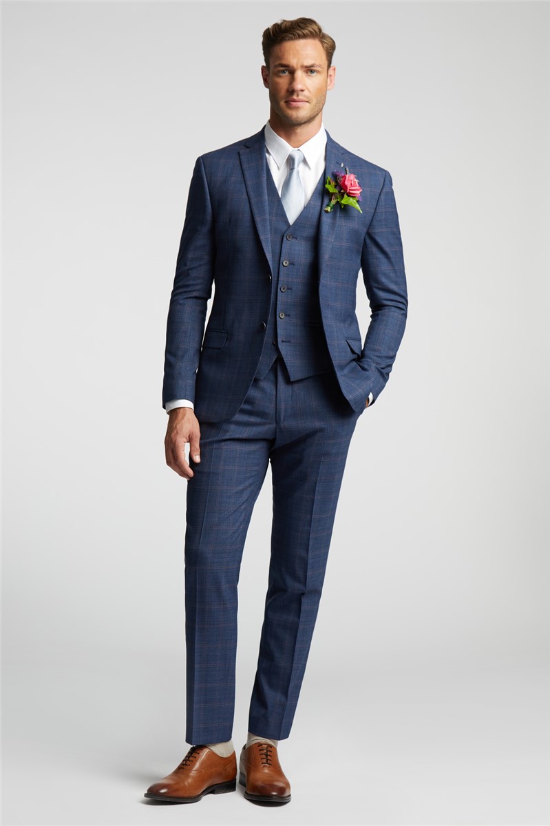  Slim Fit Blue and Mauve Check Waistcoat