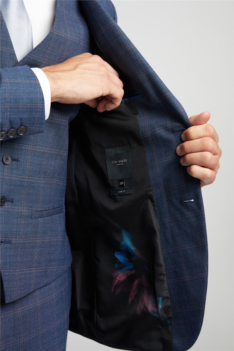  Slim Fit Blue and Mauve Check Waistcoat