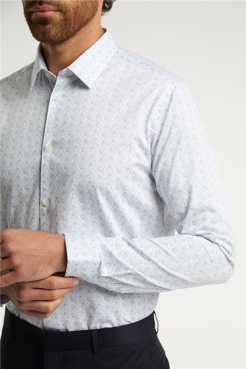  Slim Fit White Floral Line Print Shirt