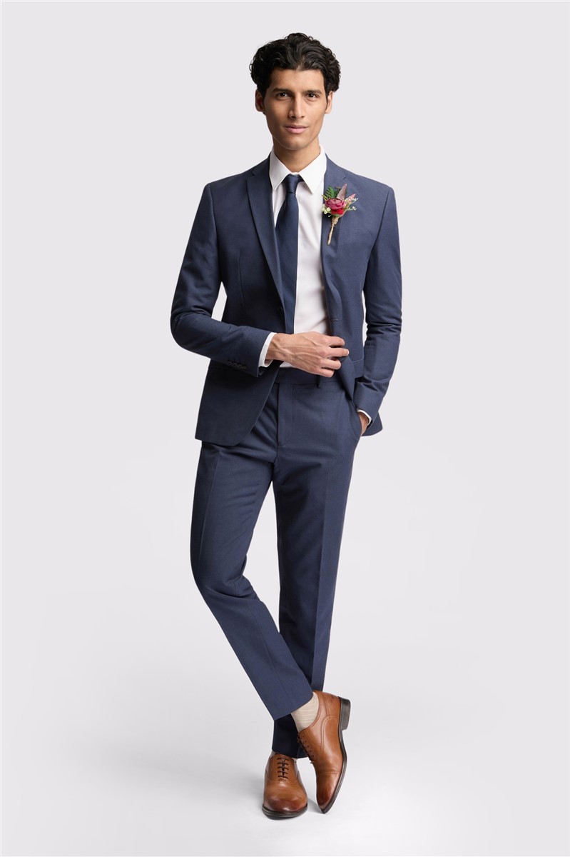  Slim Fit Coxon Navy Cotton Linen Trousers