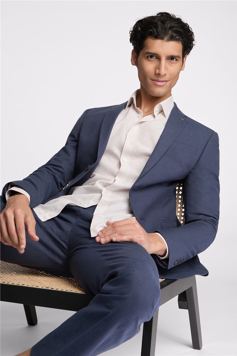  Slim Fit Coxon Navy Cotton Linen Trousers