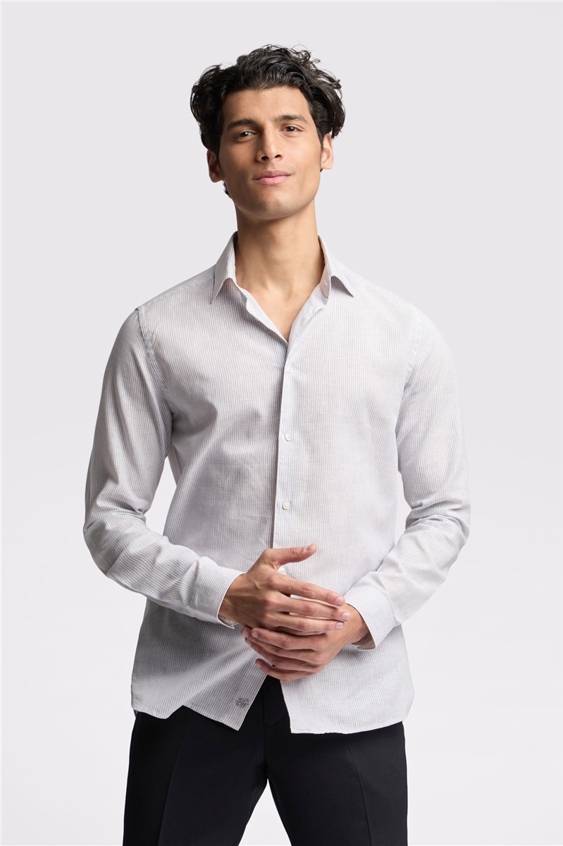  Slim Fit Kay Duck Egg Stripe Linen Blend Shirt