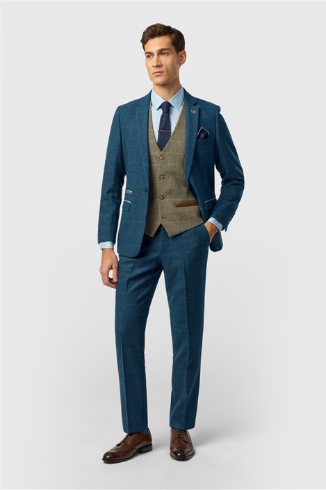 Marc Darcy Slim Fit Dion Blue Tweed Herringbone Check Jacket