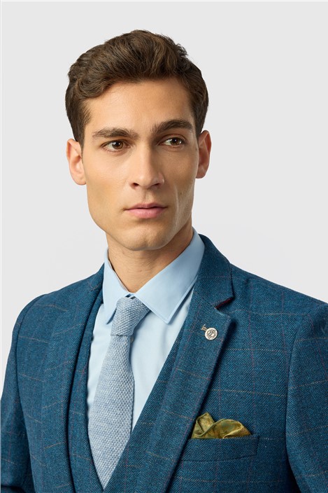 Marc Darcy Slim Fit Dion Blue Tweed Herringbone Check Jacket