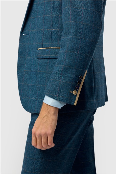 Marc Darcy Slim Fit Dion Blue Tweed Herringbone Check Jacket