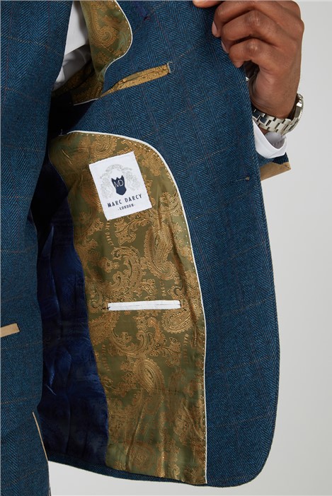 Marc Darcy Slim Fit Dion Blue Tweed Herringbone Check Jacket