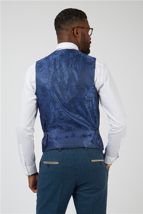 Marc Darcy Slim Fit Dion Blue Tweed Herringbone Check Waistcoat