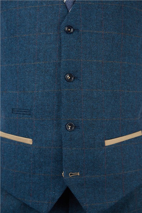Marc Darcy Slim Fit Dion Blue Tweed Herringbone Check Waistcoat