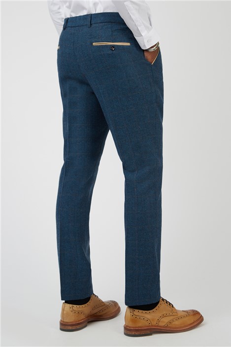 Marc Darcy Slim Fit Dion Blue Tweed Herringbone Check Trousers