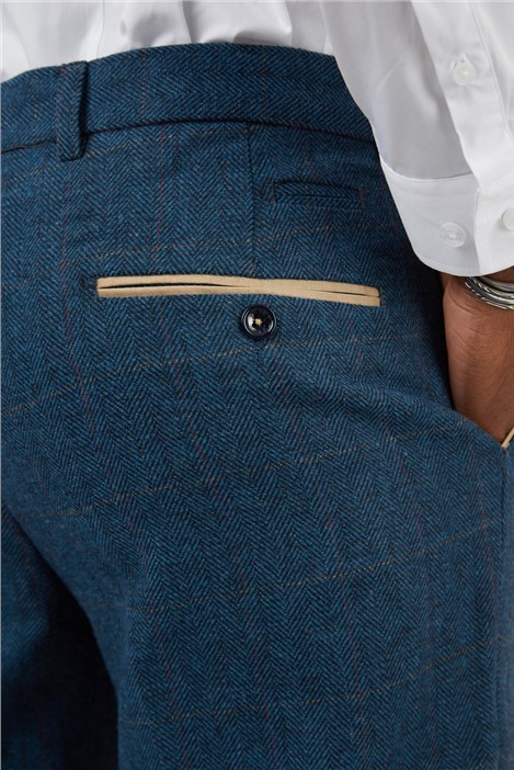 Marc Darcy Slim Fit Dion Blue Tweed Herringbone Check Trousers