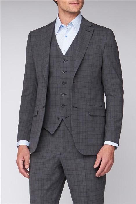 jeff banks grey with green check regular fit travel men's suit jacket