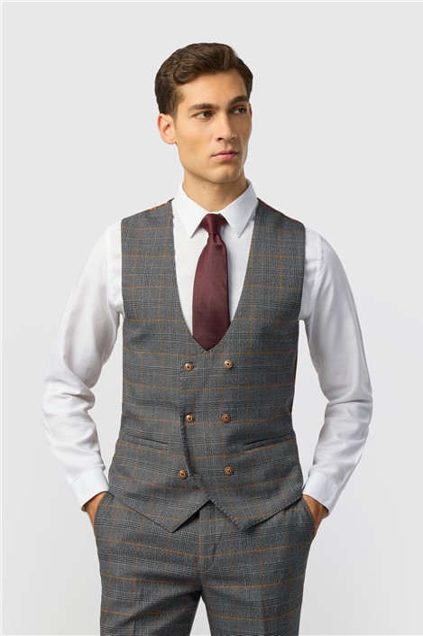 Marc Darcy Slim Fit Jenson Grey Check Double Breasted Waistcoat
