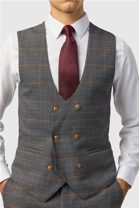 Marc Darcy Slim Fit Jenson Grey Check Double Breasted Waistcoat