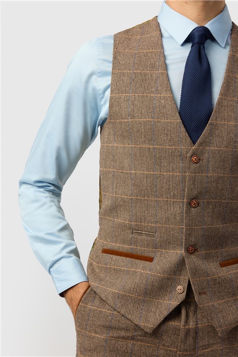 Marc Darcy Tailored Fit Ted Tan Check Suit Waistcoat