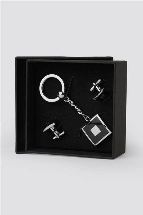 Suit Direct Black Square Cufflinks and Keyring Set 0 Black