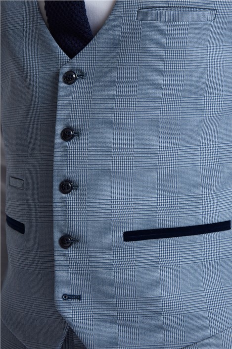 Marc Darcy Slim Fit Bromley Sky Blue Check Waistcoat