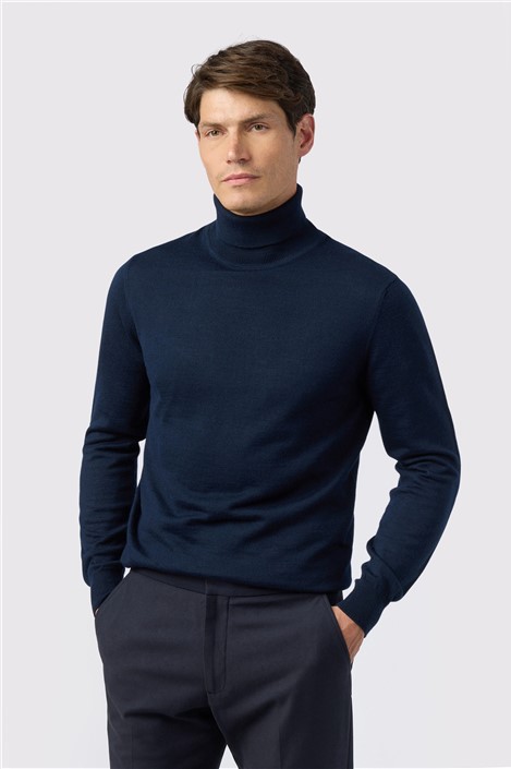 Melka Navy Blue Merino Knit Roll Neck Jumper Navy Blue