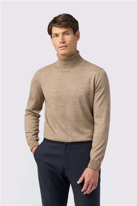 Melka Sand Merino Knit Roll Neck Jumper Beige
