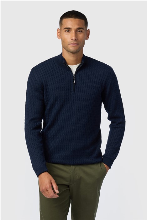 Melka Navy Blue Zip Neck Cable Knit Jumper Navy Blue