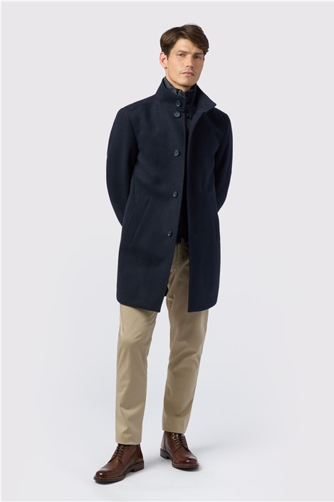Melka Slim Fit Navy Funnel Neck Overcoat With Padded Insert