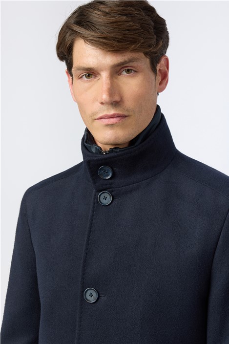 Melka Slim Fit Navy Funnel Neck Overcoat With Padded Insert