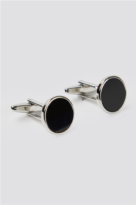 Suit Direct Onyx Round Cufflinks 0 Silver Metal