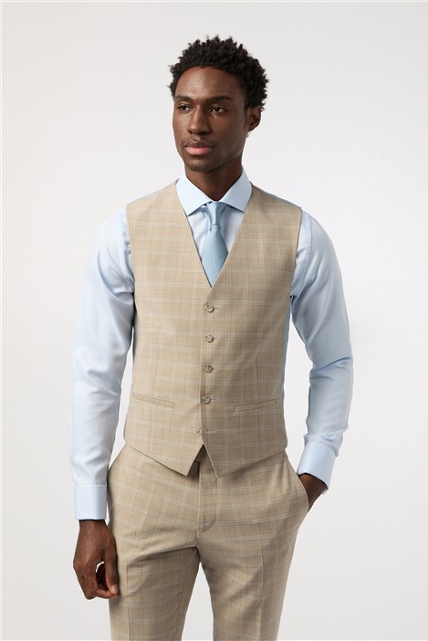 Alexandre Tailored Fit Stone Blue Check Waistcoat
