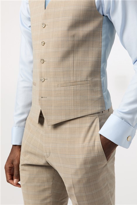 Alexandre Tailored Fit Stone Blue Check Waistcoat