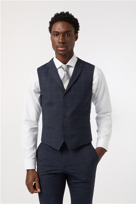 Alexandre Tailored Fit Dark Navy Blue Stone Check Waistcoat